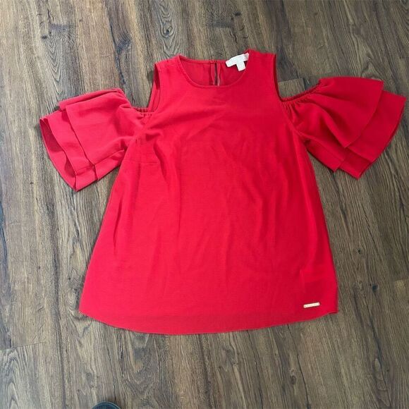 Michael Kors Women's Red Cold Shoulder Ruffle Dress Size M Petites - Picture 6 of 8